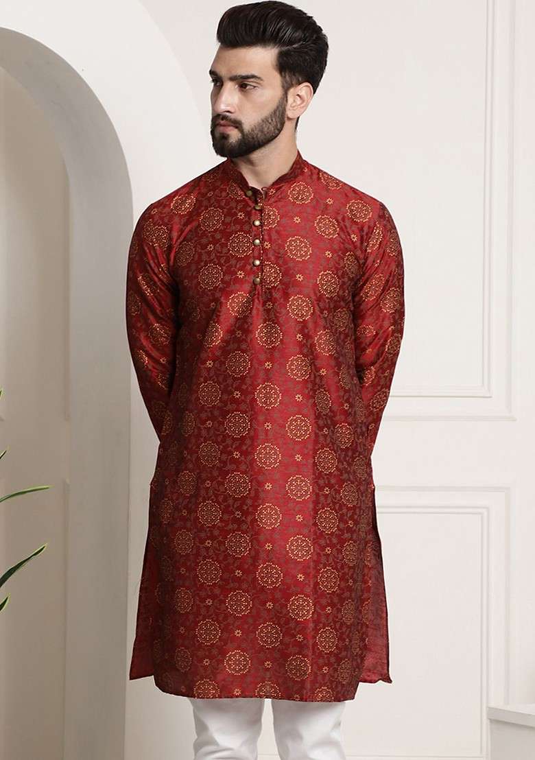 Maroon Ethnic Motifs Cotton Kurta For Men - Indya