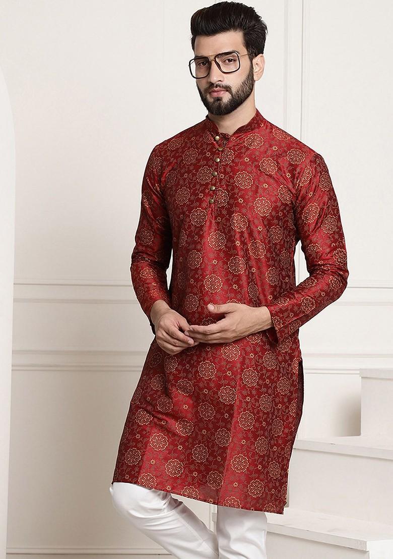 Maroon Ethnic Motifs Cotton Kurta For Men