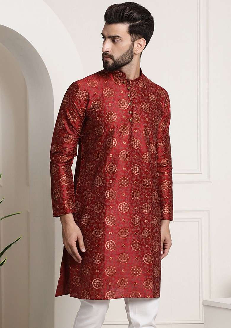 Maroon Ethnic Motifs Cotton Kurta For Men - Indya