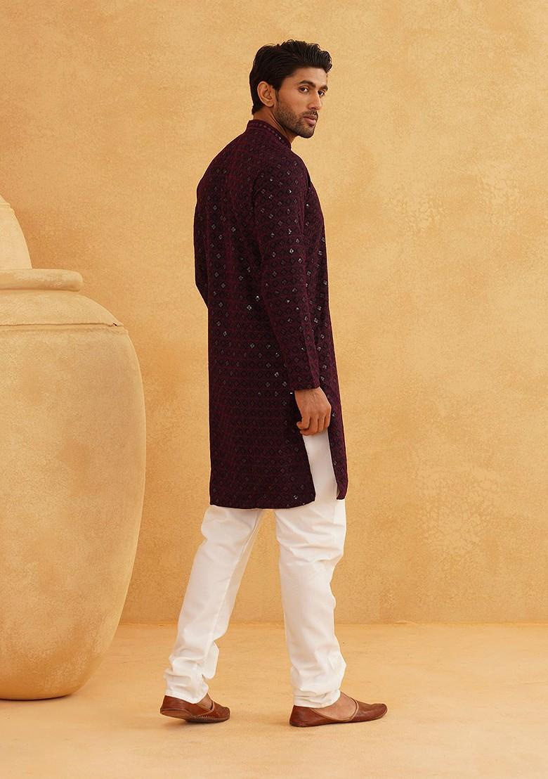 Burgundy Embroidered Cotton Kurta For Men