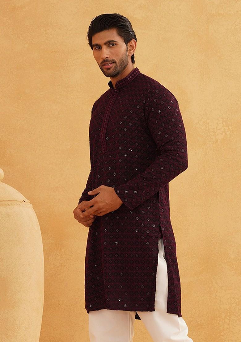 Burgundy Embroidered Cotton Kurta For Men
