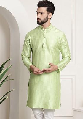 Green Striped Poly Blend Kurta For Men