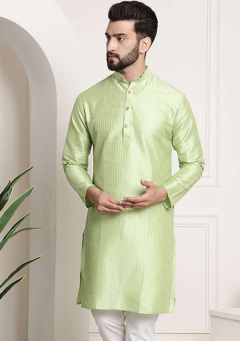Green Striped Poly Blend Kurta For Men - Indya