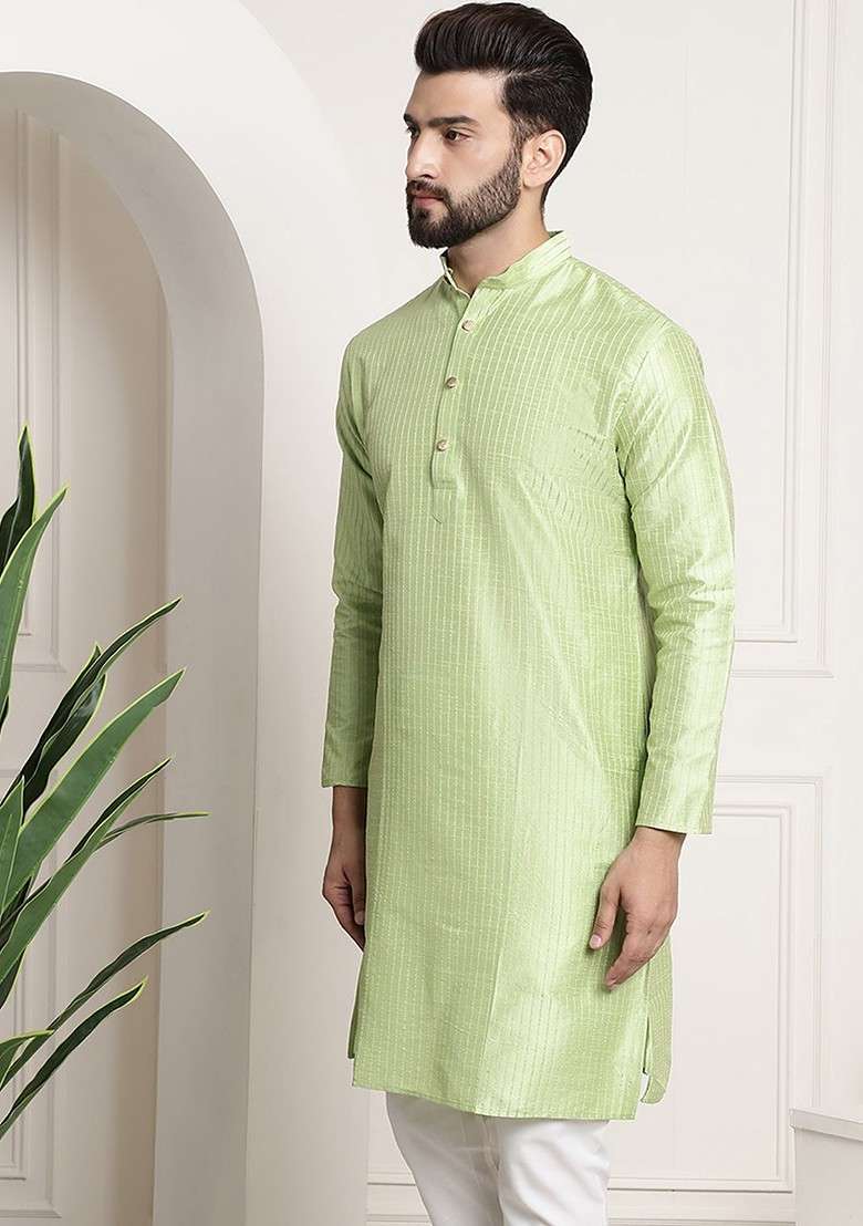 Green Striped Poly Blend Kurta For Men - Indya