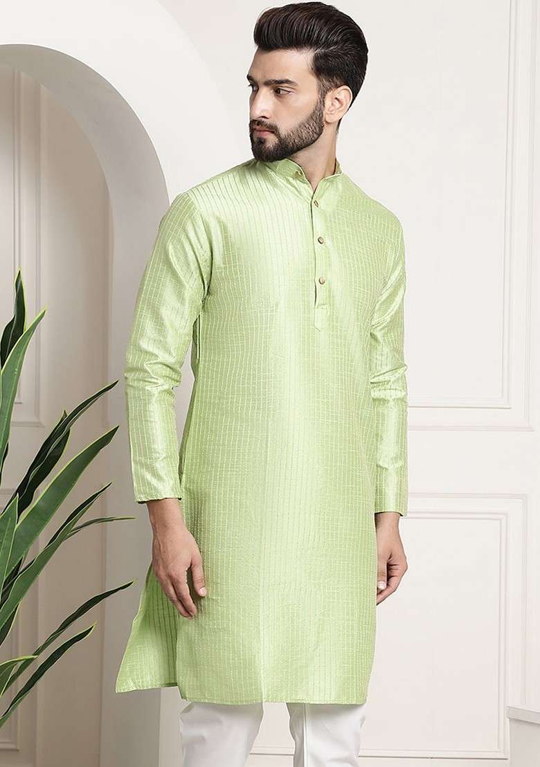 Green Striped Poly Blend Kurta For Men - Indya