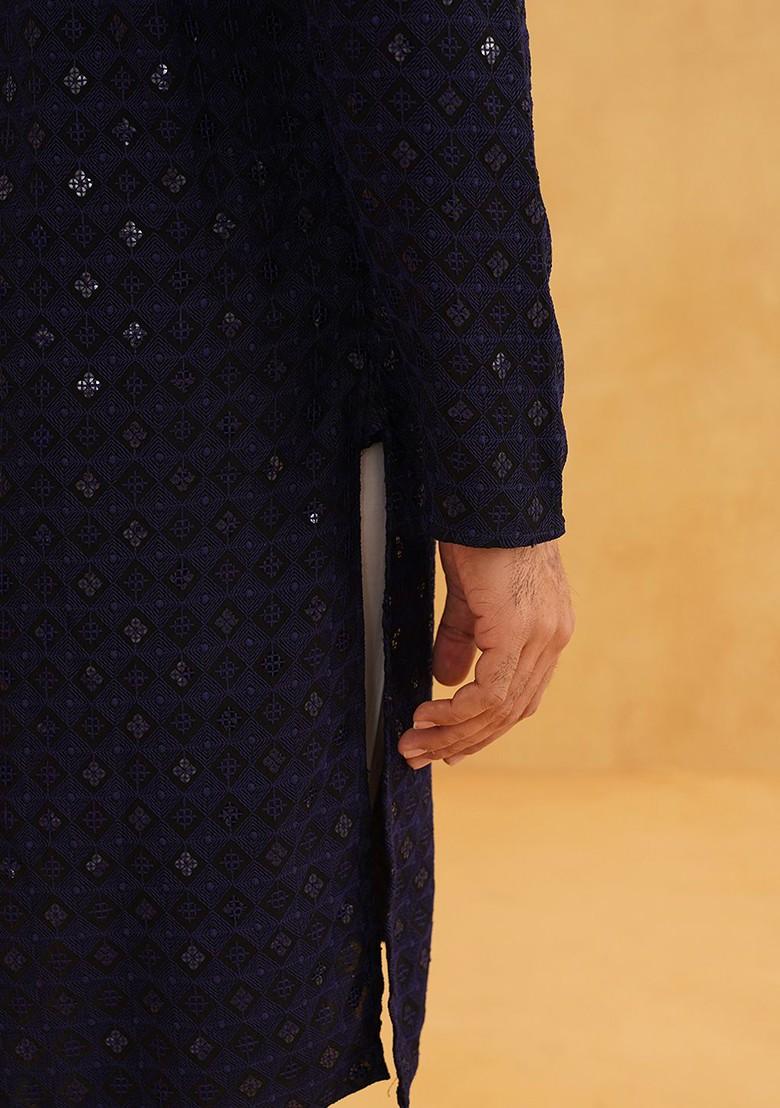Navy Blue Embroidered Cotton Kurta For Men