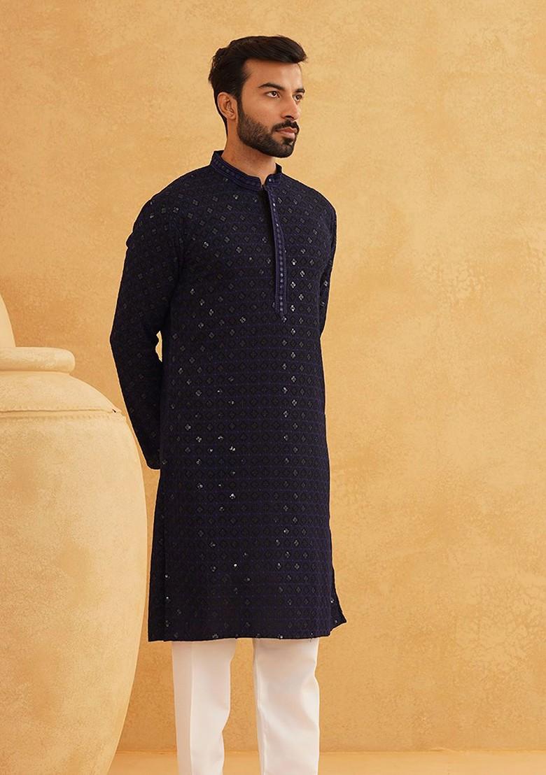 Navy Blue Embroidered Cotton Kurta For Men