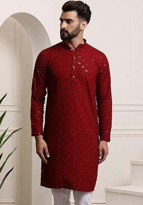 Maroon Embellished Cotton Kurta For Men
