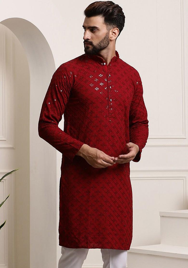 Maroon Embellished Cotton Kurta For Men