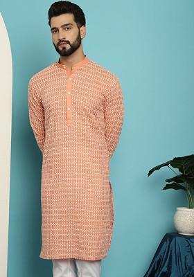 Orange Embroidered Cotton Kurta For Men