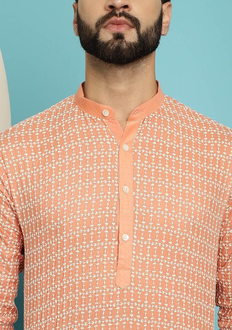Orange Embroidered Cotton Kurta For Men