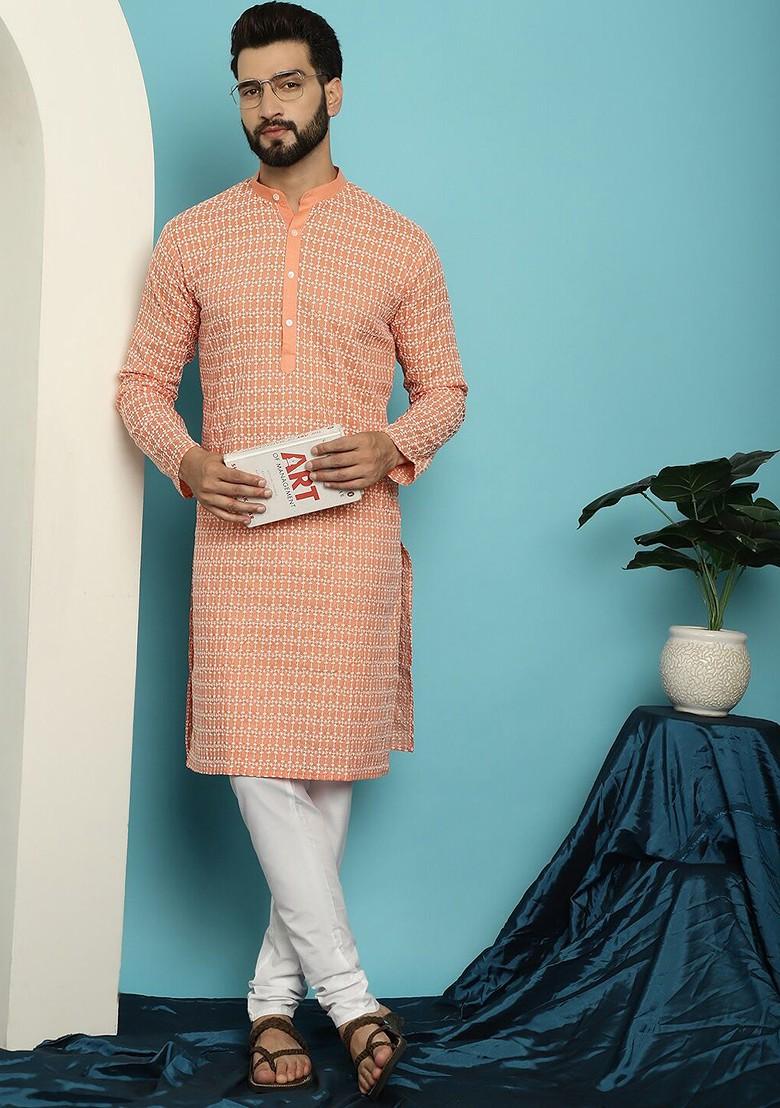 Orange Embroidered Cotton Kurta For Men