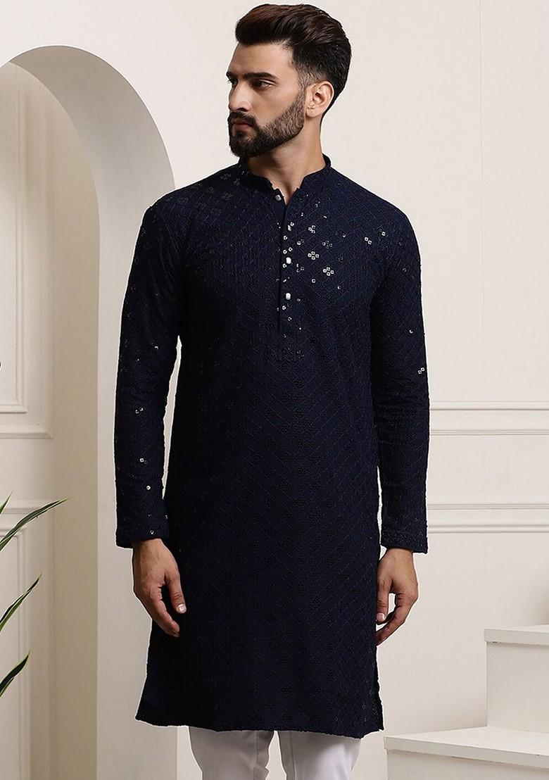 Navy Blue Embroidered Cotton Kurta For Men