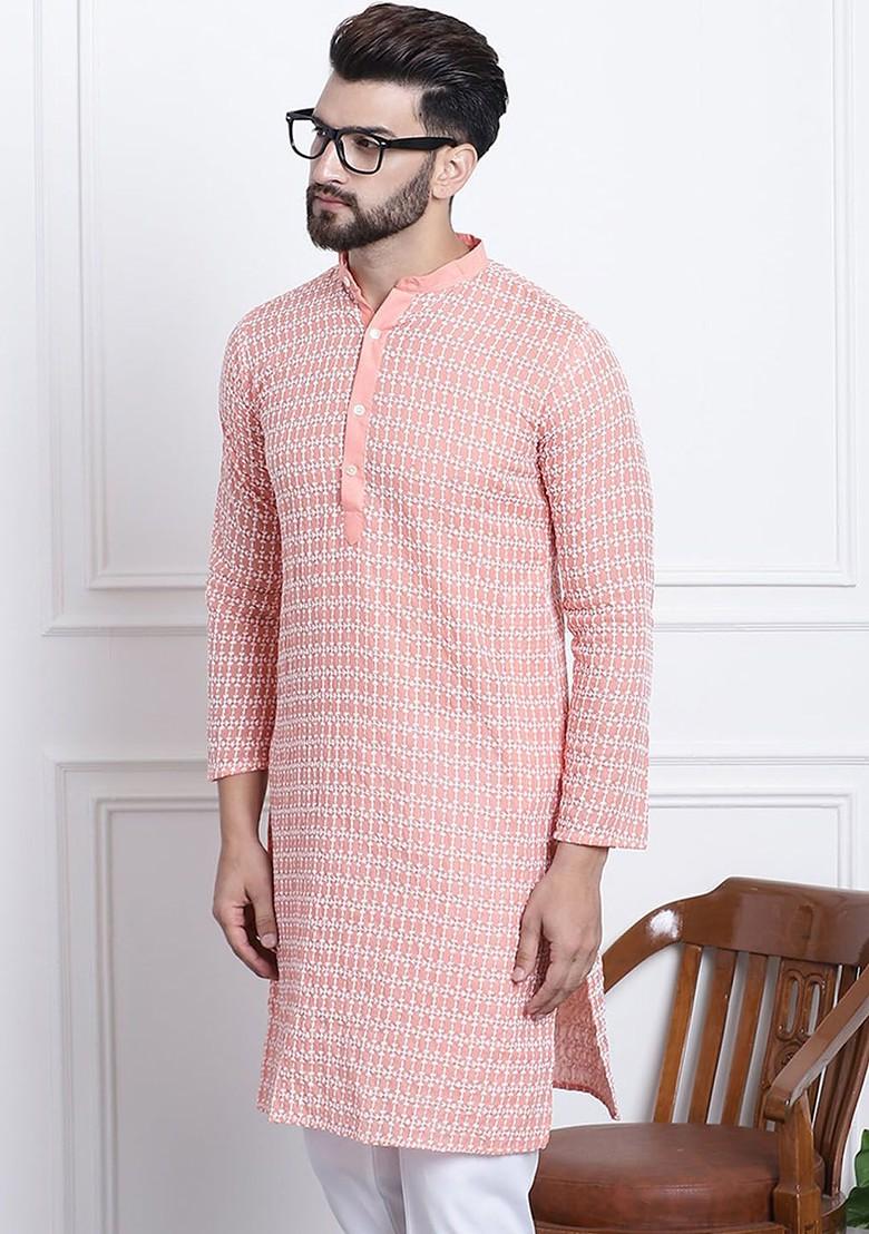Peach Embroidered Cotton Kurta For Men