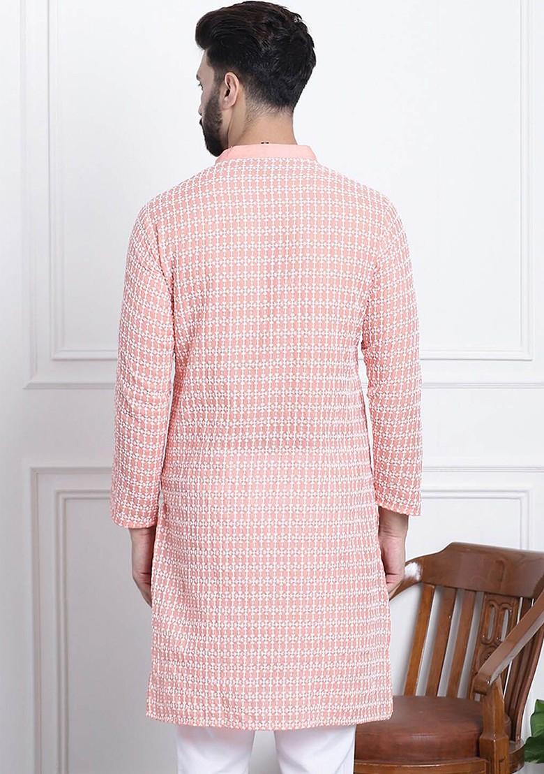 Peach Embroidered Cotton Kurta For Men