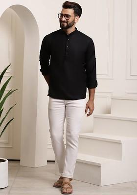 Black Solid Poly Blend Kurta For Men