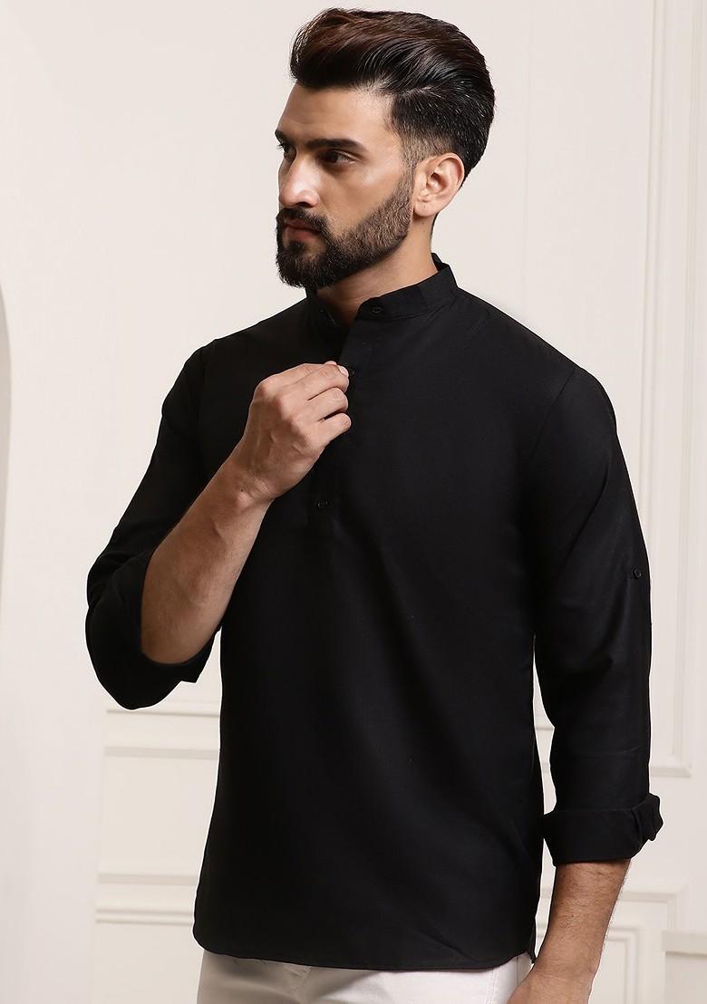 Black Solid Poly Blend Kurta For Men