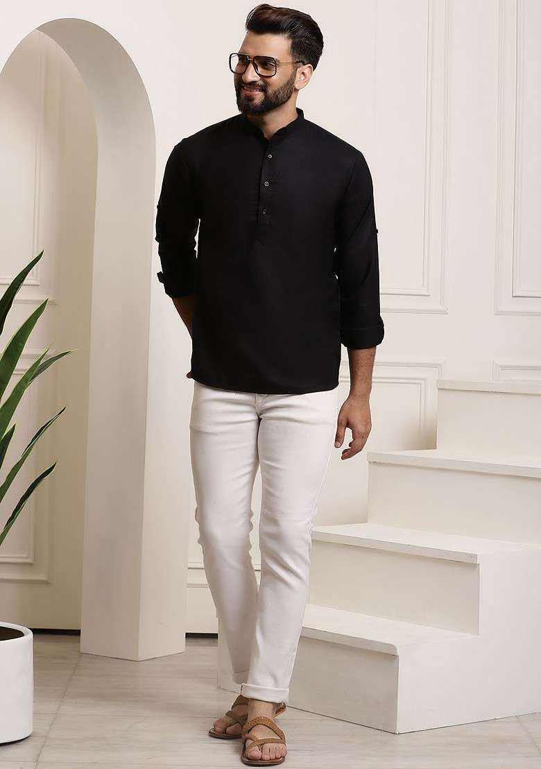 Black Solid Poly Blend Kurta For Men - Indya