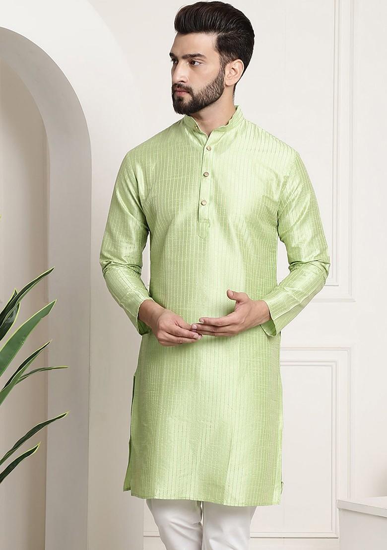 Green Woven Jacquard Kurta For Men