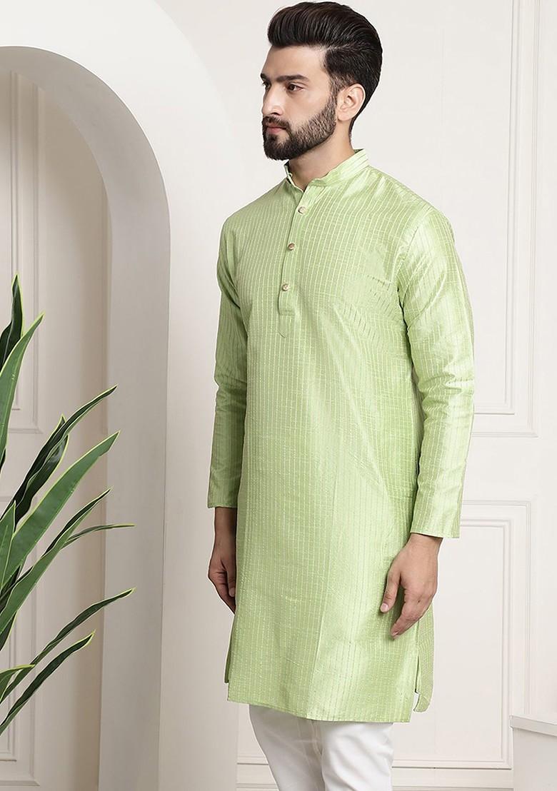 Green Woven Jacquard Kurta For Men