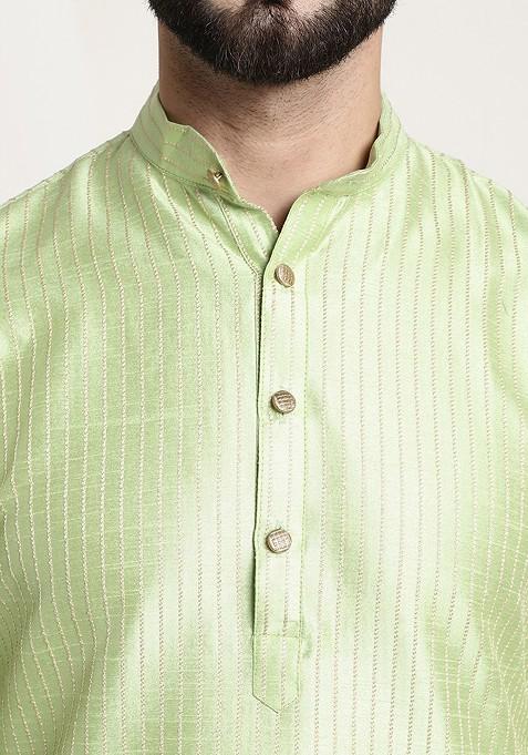 Green Woven Jacquard Kurta For Men