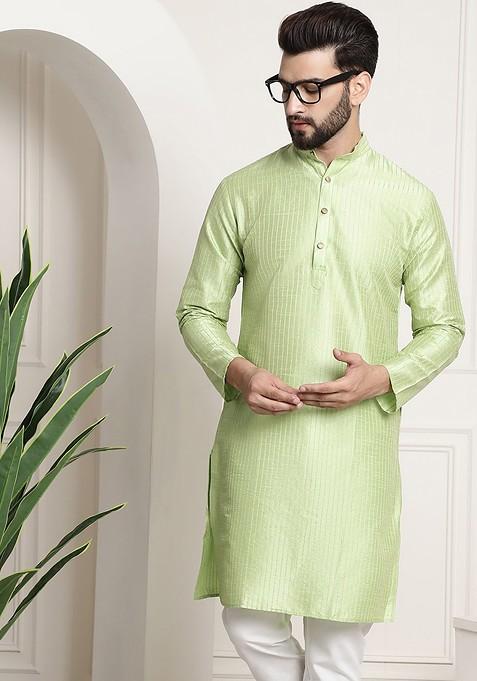 Green Woven Jacquard Kurta For Men