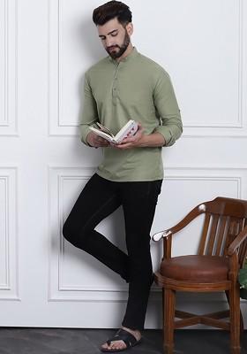 Green Solid Poly Blend Kurta For Men