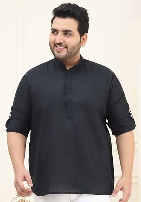 Black Solid Cotton Kurta For Men