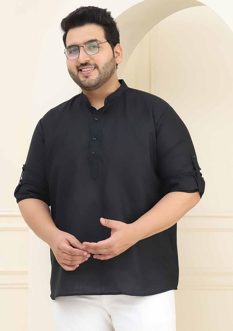 Black Solid Cotton Kurta For Men