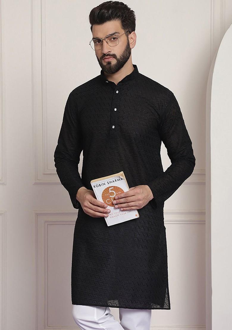 Black Thread Work Poly Blend Kurta For Men