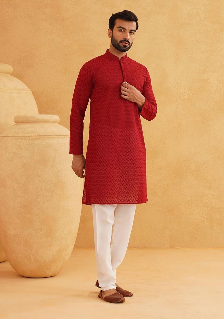 Maroon Embroidered Cotton Kurta For Men