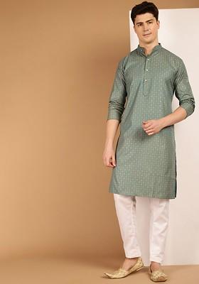 Teal Blue Ethnic Motifs Cotton Kurta For Men
