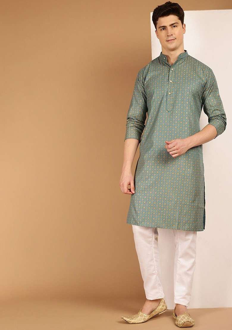 Teal Blue Ethnic Motifs Cotton Kurta For Men - Indya