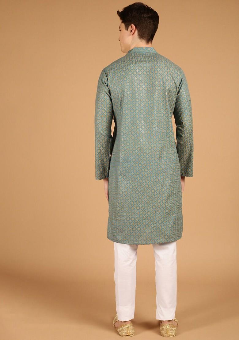 Teal Blue Ethnic Motifs Cotton Kurta For Men