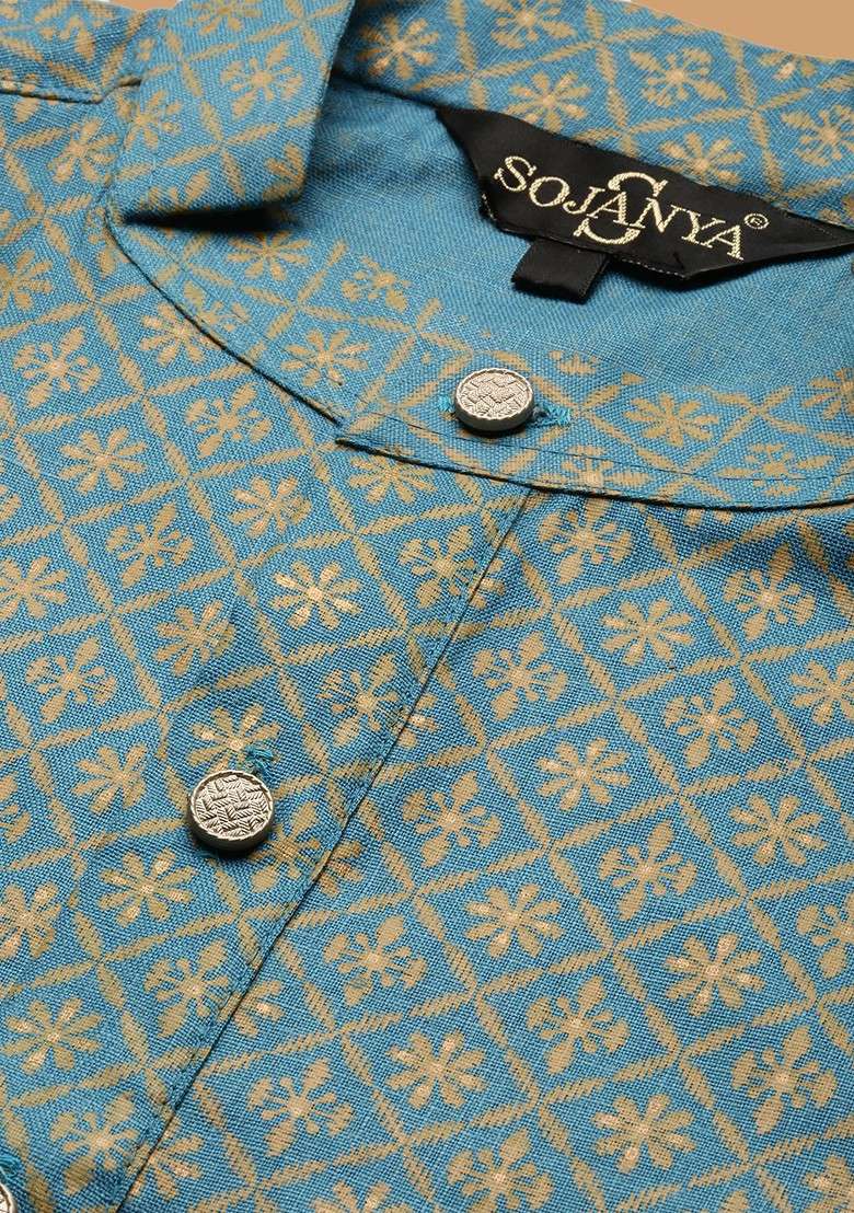 Teal Blue Ethnic Motifs Cotton Kurta For Men - Indya