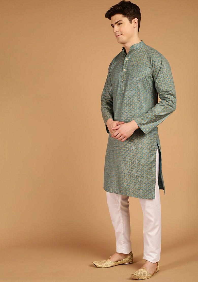 Teal Blue Ethnic Motifs Cotton Kurta For Men