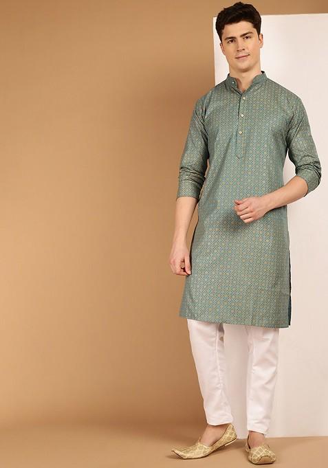 Teal Blue Ethnic Motifs Cotton Kurta For Men