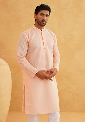 Peach Solid Poly Blend Kurta For Men