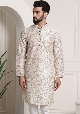 Cream Ethnic Motifs Poly Blend Kurta For Men