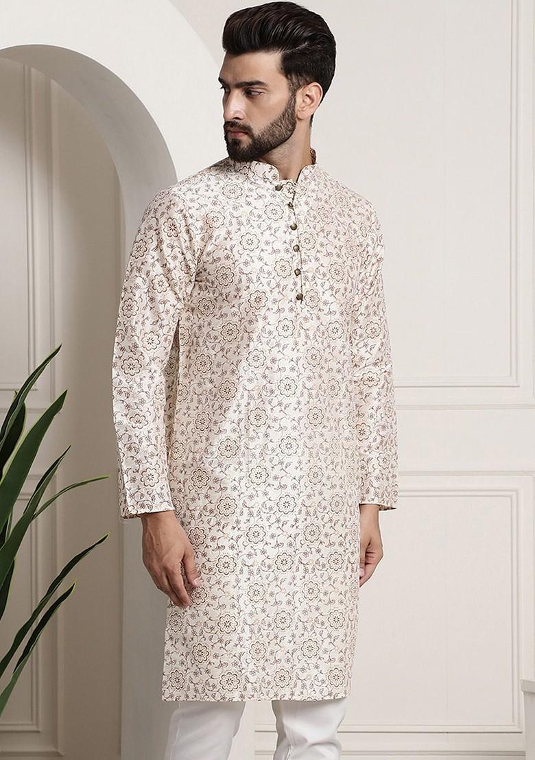Cream Ethnic Motifs Poly Blend Kurta For Men