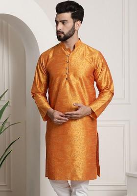 Orange Ethnic Motifs Poly Blend Kurta For Men