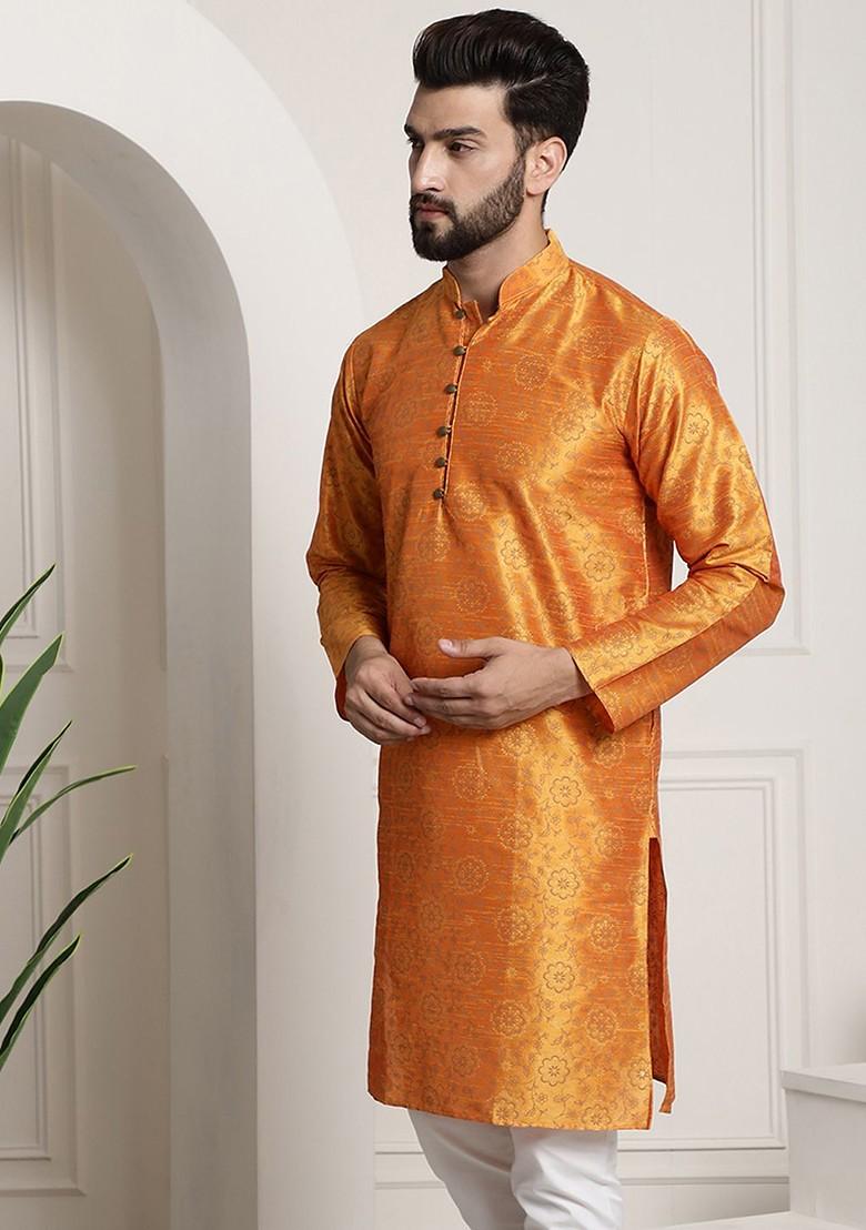Orange Ethnic Motifs Poly Blend Kurta For Men