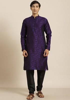 Purple Geometric Print Poly Blend Kurta For Men