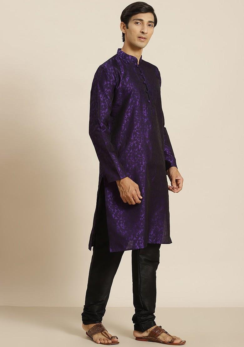 Purple Geometric Print Poly Blend Kurta For Men