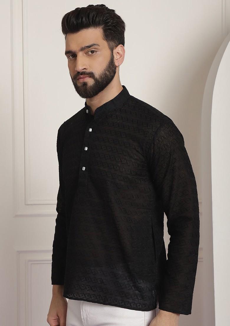 Black Embroidered Cotton Kurta For Men