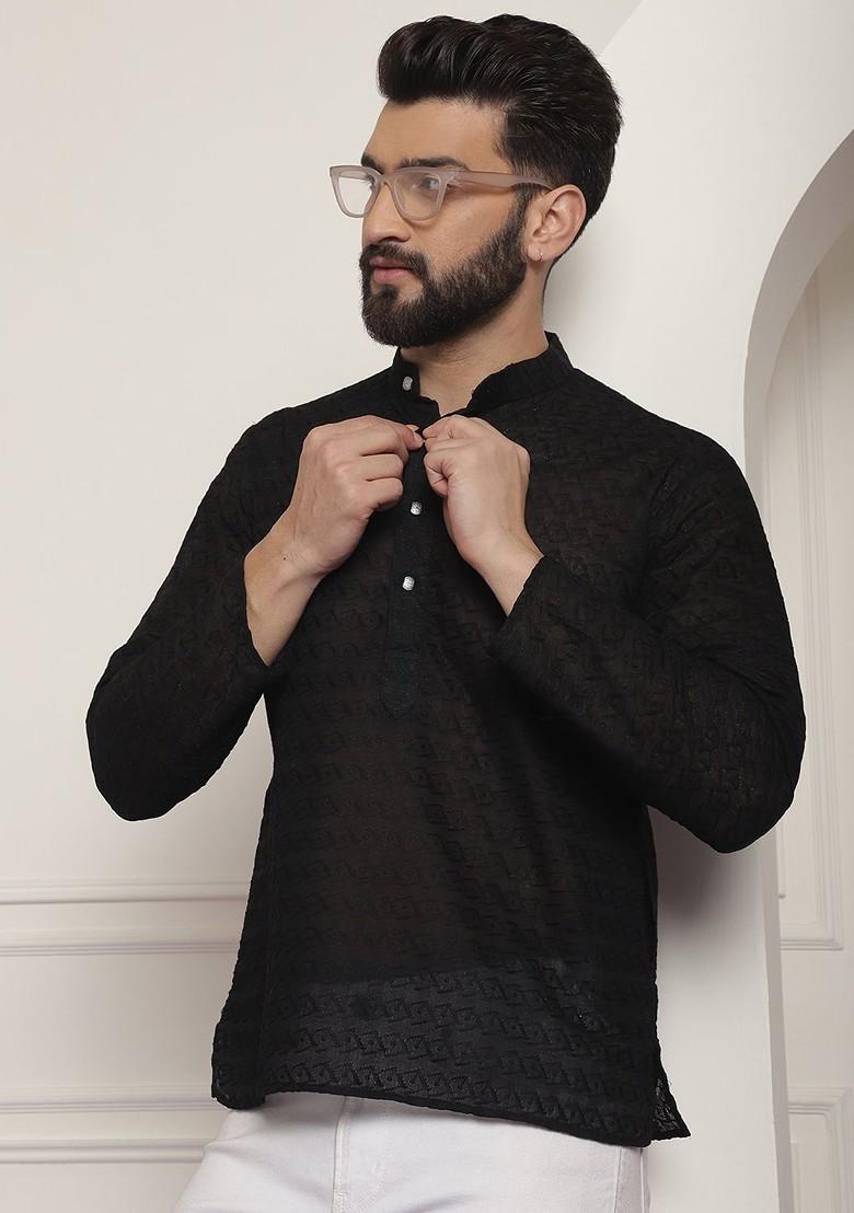 Black Embroidered Cotton Kurta For Men
