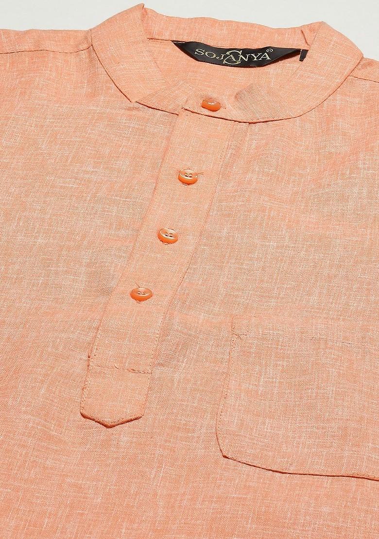 Orange Solid Cotton Kurta For Men