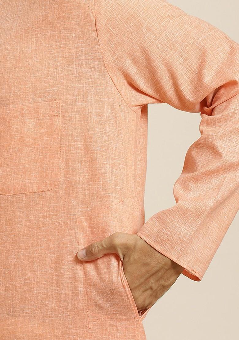 Orange Solid Cotton Kurta For Men