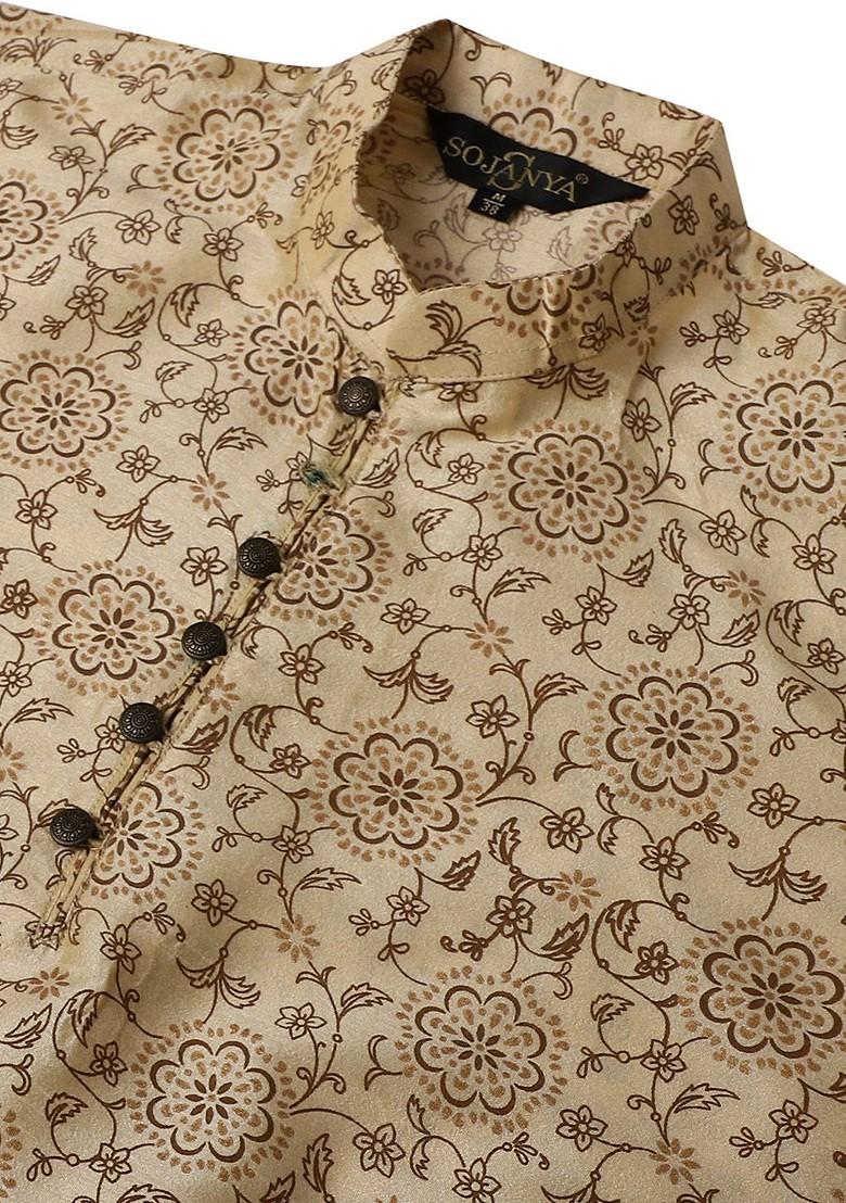 Beige Ethnic Motifs Poly Blend Kurta For Men