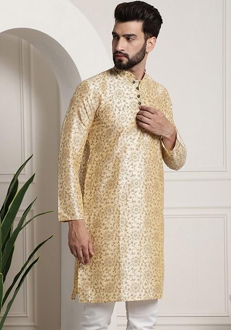 Beige Ethnic Motifs Poly Blend Kurta For Men